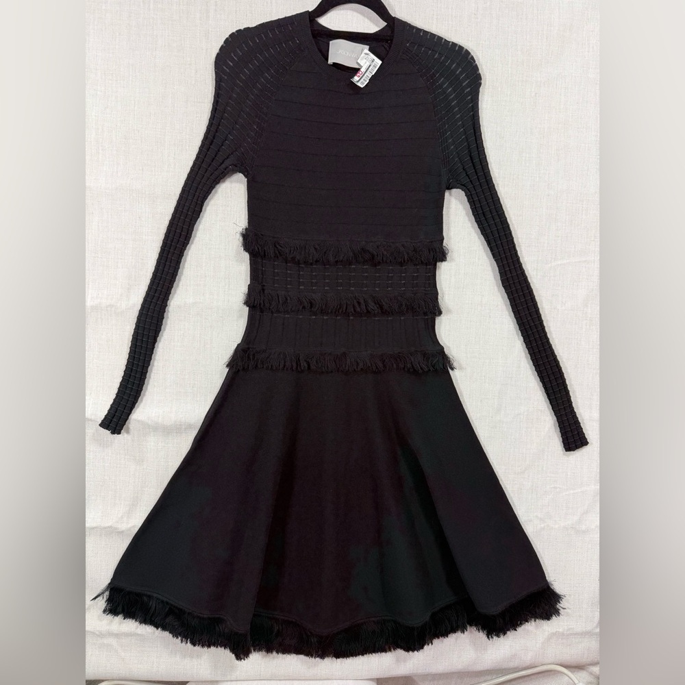 Jason Wu Black Long Sleeve Fringe Dress Luxury, Designer, texture knit